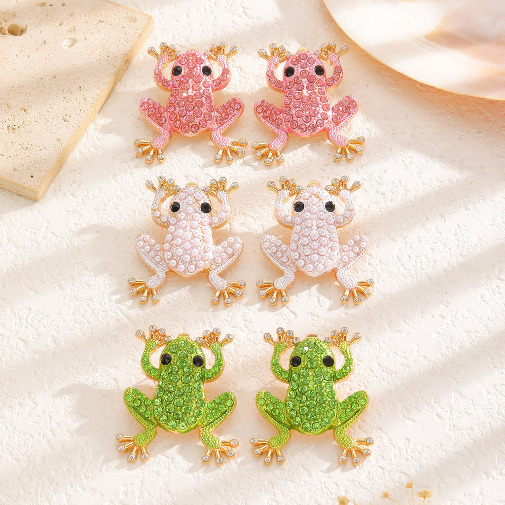 Fashion Creative Alloy Rhinestone Faux Pearl Frog Animal Stud Earrings