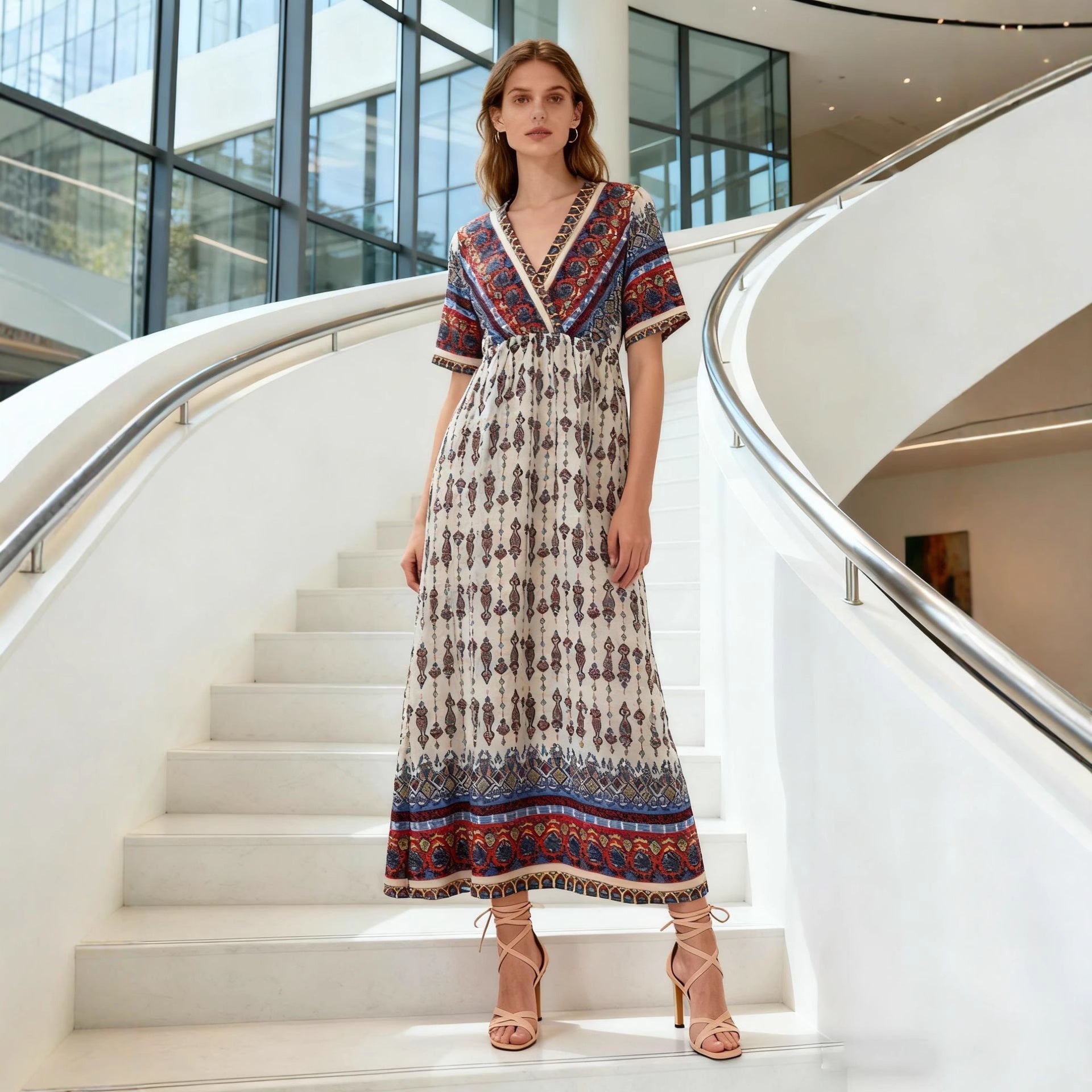 Women's Bohemian Printed Dress Short Sleeve Beach Vacation Maxi Dress Vintage