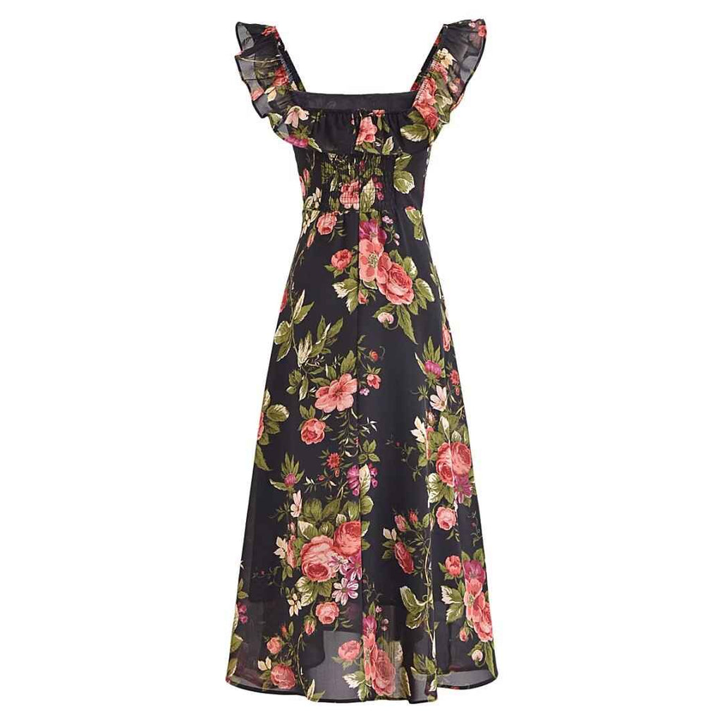 Slim and sexy side split waist mid-length dress, French retro square collar Print Chiffon Dress