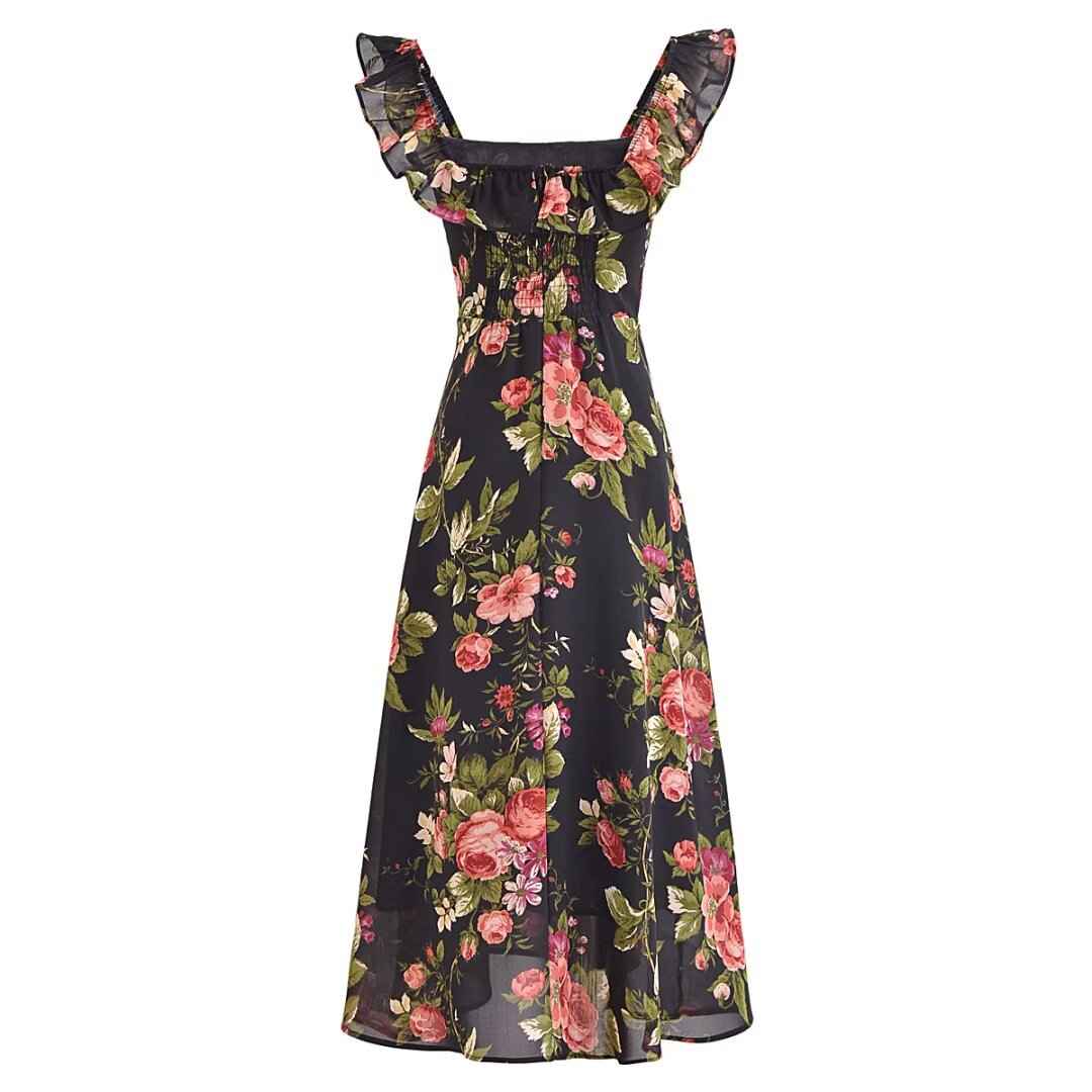 Slim and sexy side split waist mid-length dress, French retro square collar Print Chiffon Dress