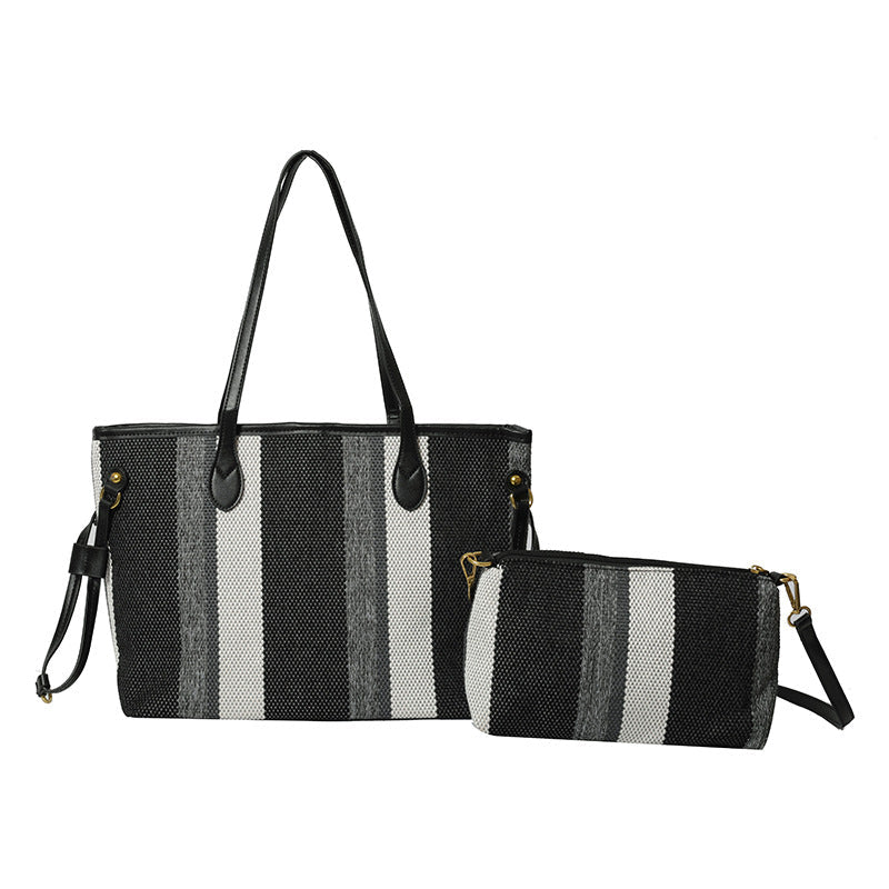 Canvas Striped Letter Print Tote – Large Shoulder & Crossbody Bag, Trendy Versatile Shopper