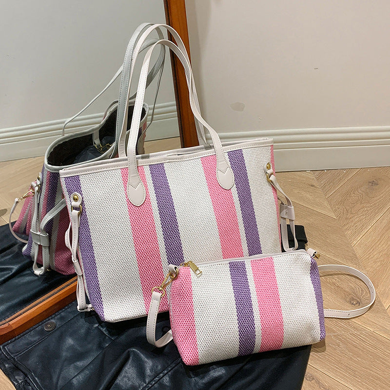 Canvas Striped Letter Print Tote – Large Shoulder & Crossbody Bag, Trendy Versatile Shopper