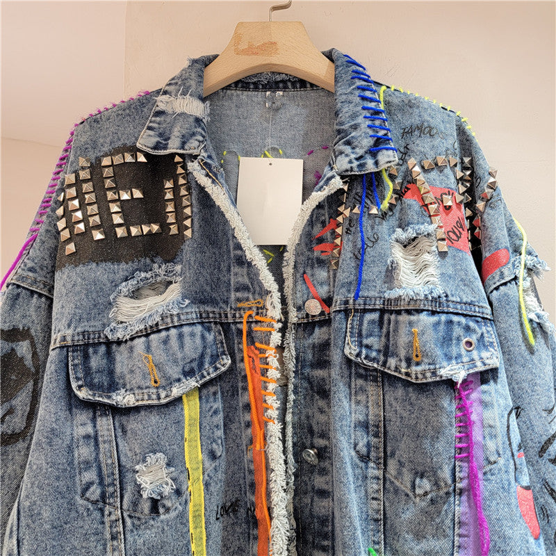 Women’s Distressed Denim Jacket – Cropped Loose-Fit Fall Coat, Printed Studded Jean Outerwear