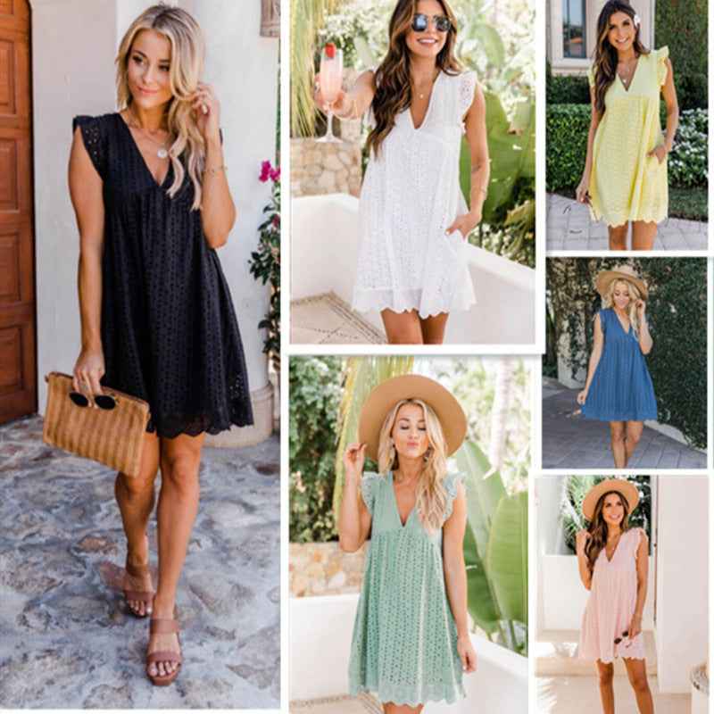 Lace jacquard hollowed V-neck dress
