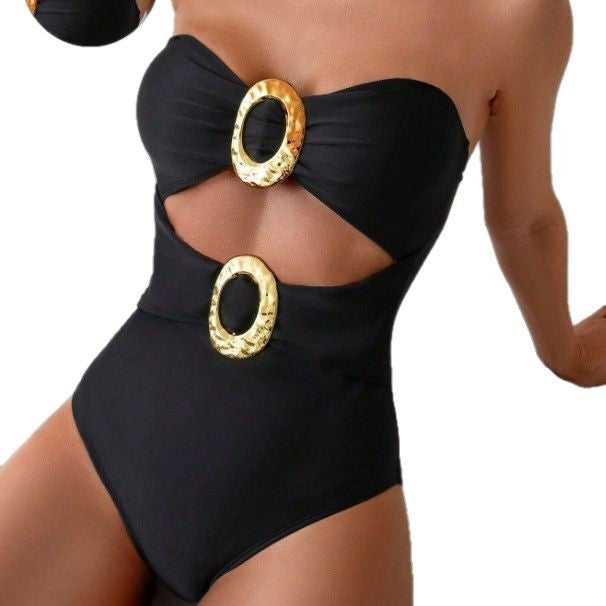 Solid Color Bandeau One Piece Women's Sexy Metal Buckle Hollow Out Slimming Swimsuit