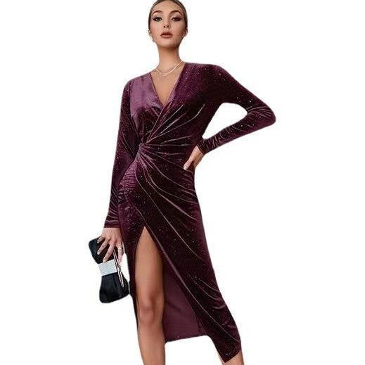 Evening dresses sexy leg-baring long sleeve midi skirts gold velvet nightclub dresses