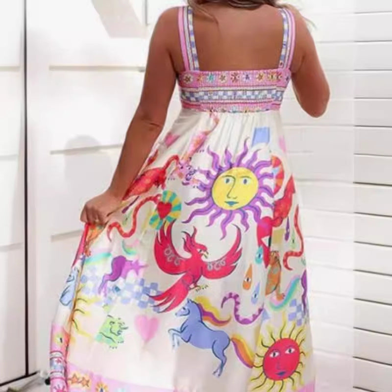 Summer Women's Casual Long Dress Suspender Printed High Waist Sleeveless Pendulum Dress