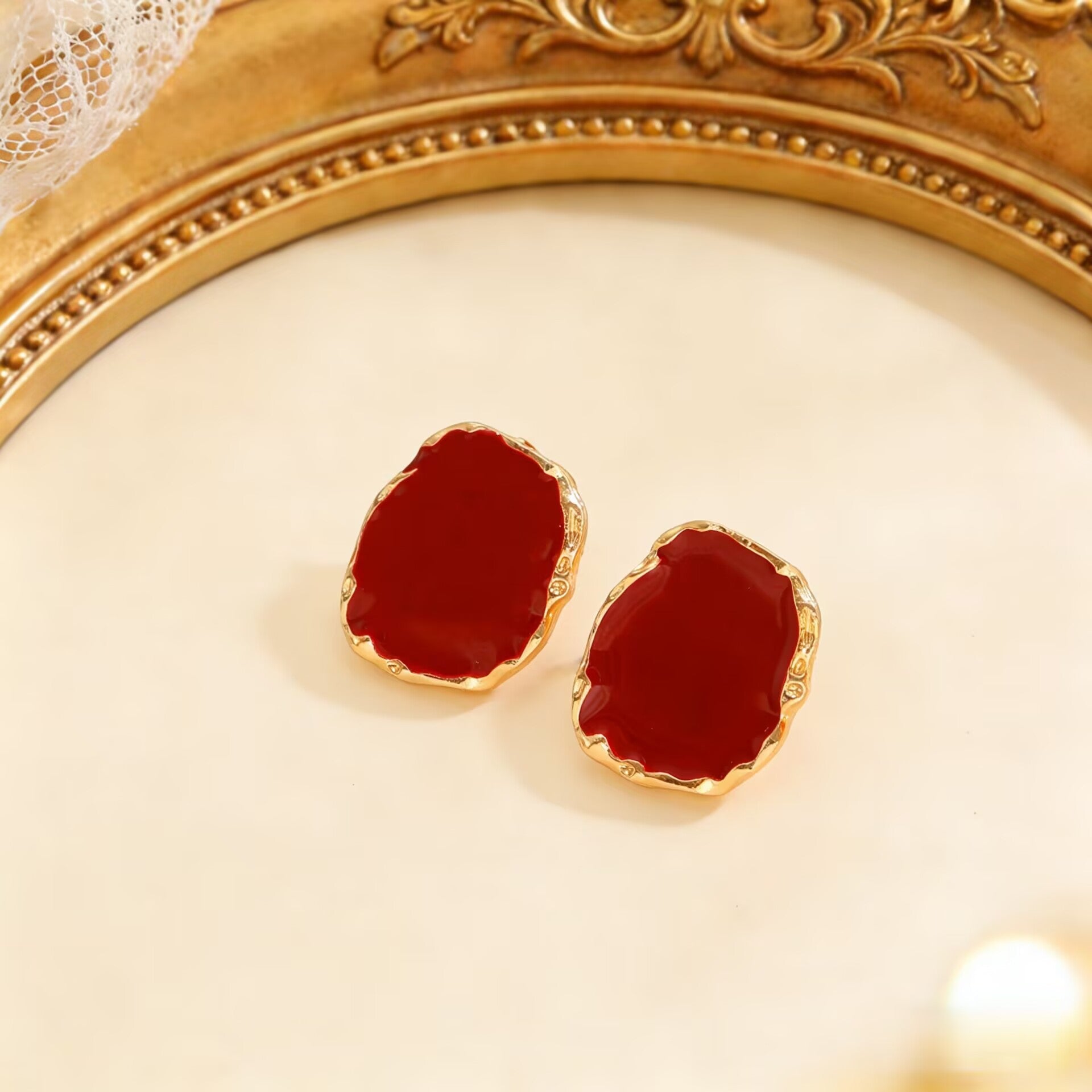 Vintage Irregular Square Red Black Glazed Ring & Earrings Set Women Jewelry
