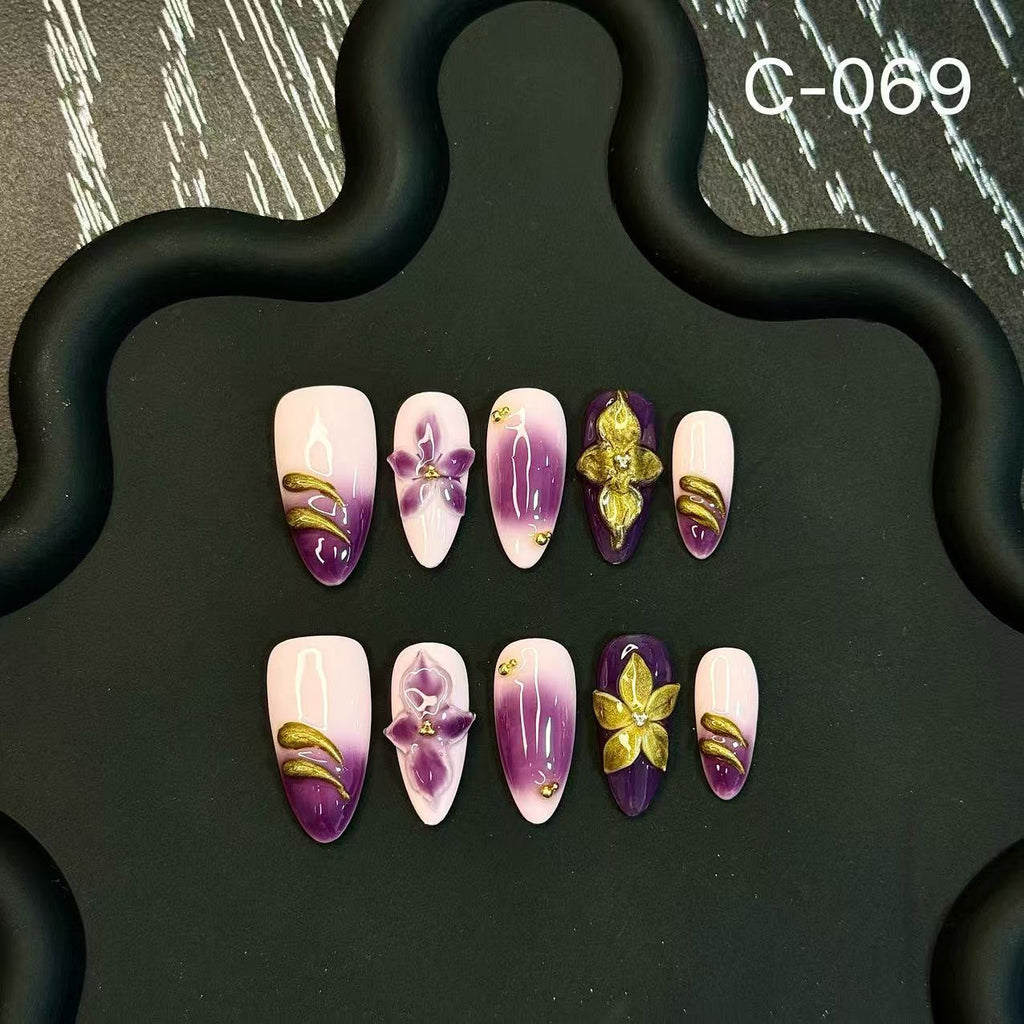 Engraved 3D Relief Fresh Personality Handmade Press on Nails Explosion