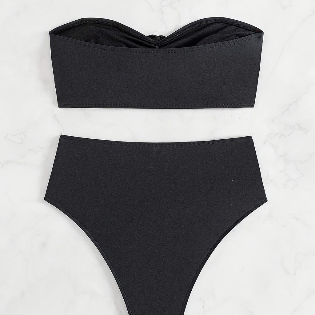 Women's Black Floral Two Piece Swimsuit Sexy High Waist Bikini Set