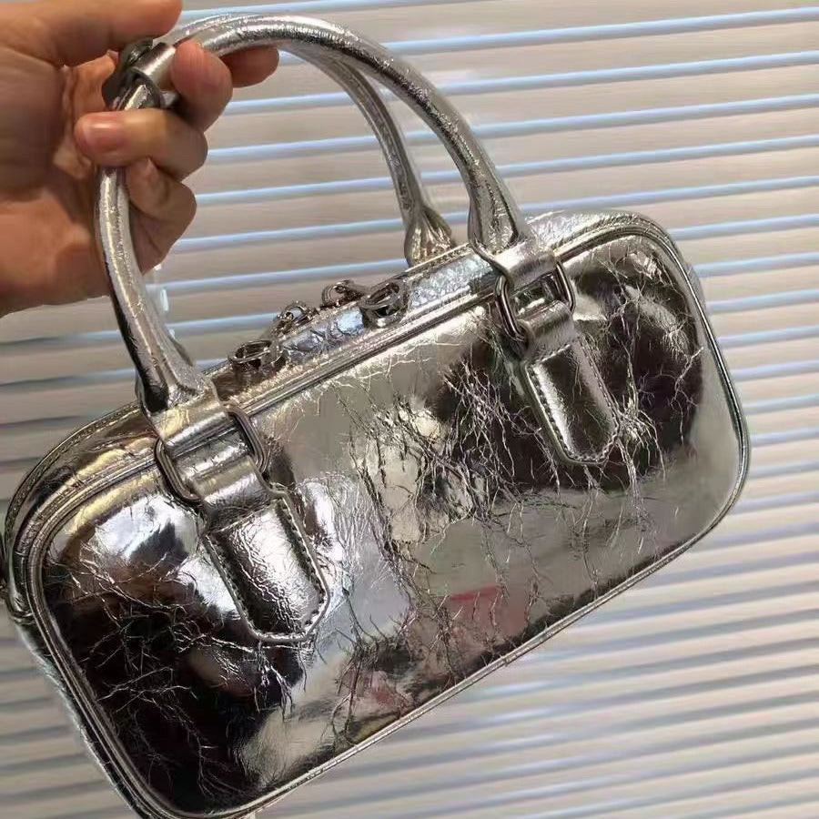 Retro crossbody bag, small square bag, small top handle purse metallic