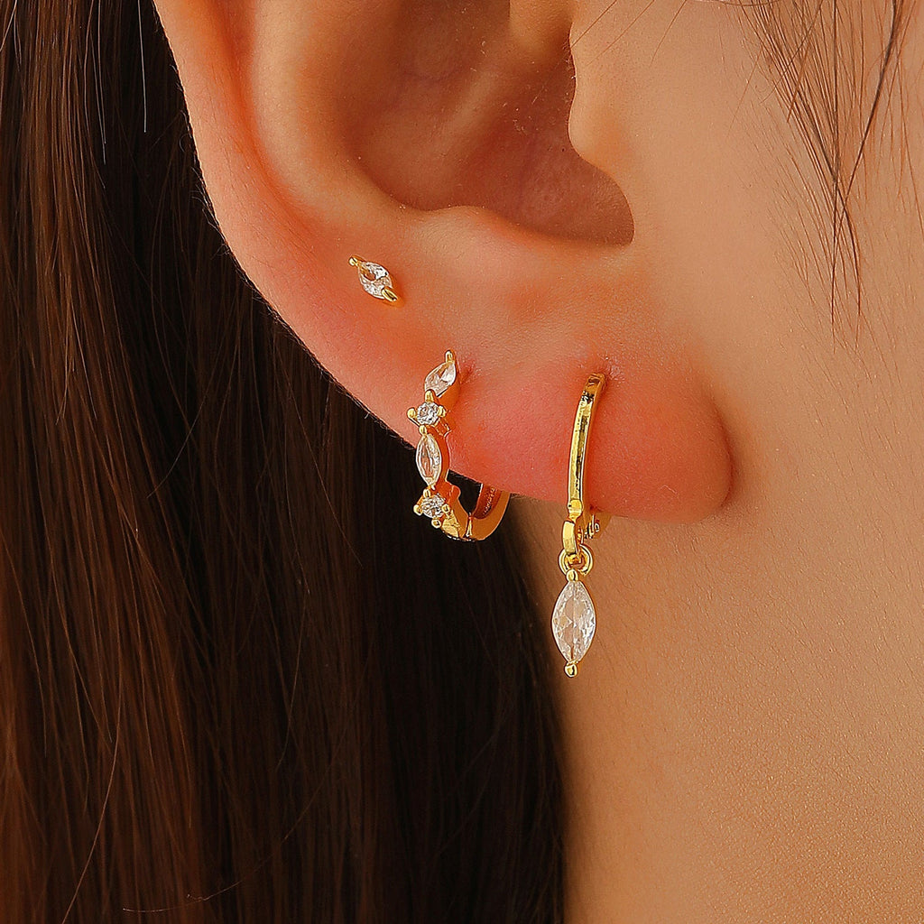 Copper Inlaid Zircon Rhombus Pendant Women 3pcs Earrings Set Studs Buckle Hoops