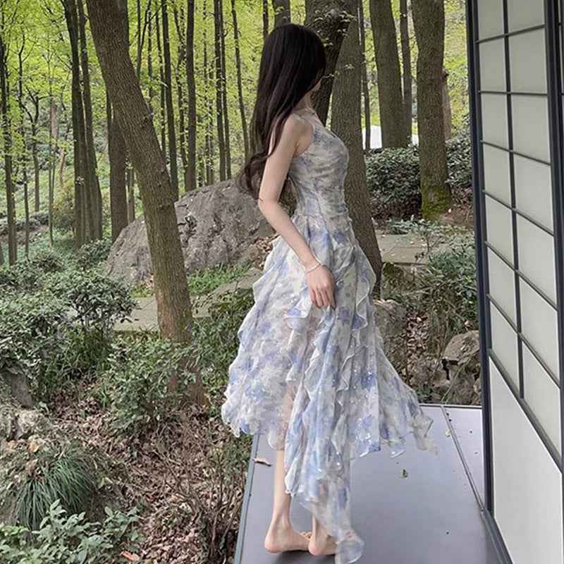 Floral Print High Waist Fairy Dress with Lotus Edge Ruffles