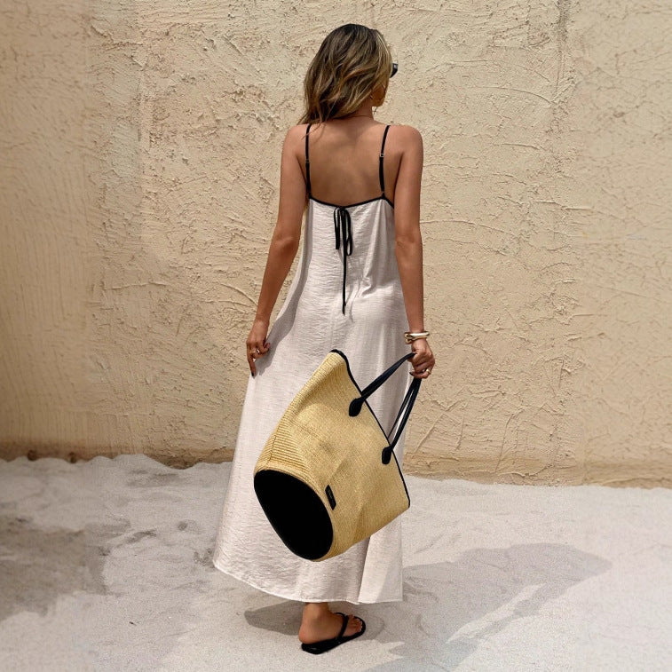 Off-the-shoulder backless solid color suspender strap-up long dress