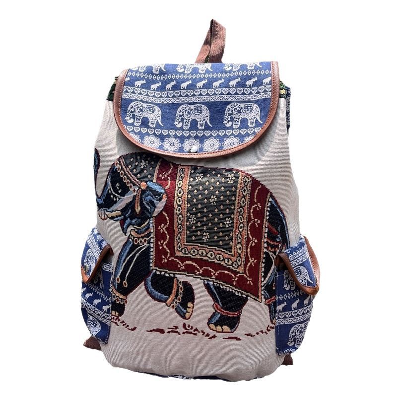 Retro Ethnic Drawstring Backpack – Elephant Embroidery Flap Closure, Bohemian Travel Daypack
