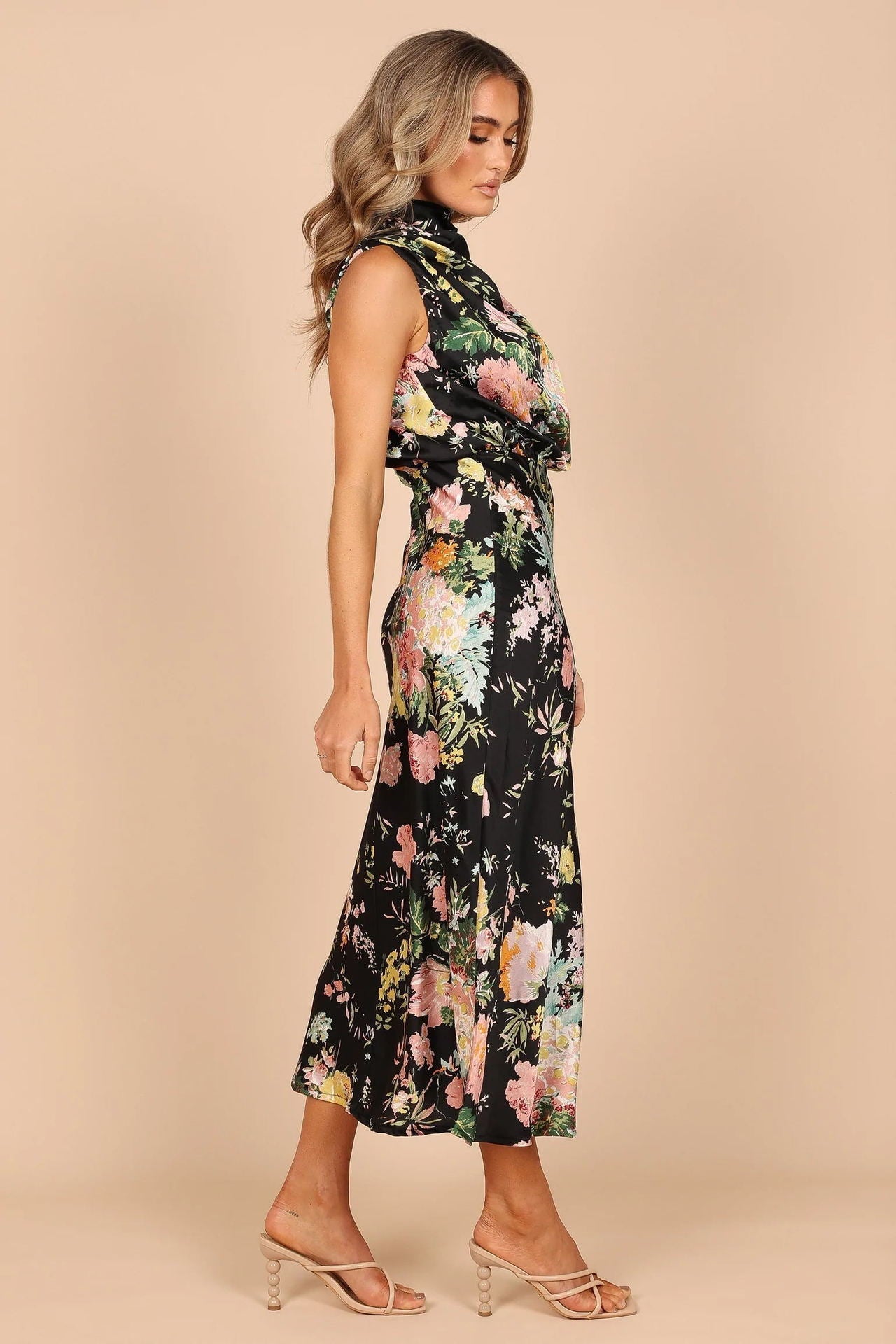 Women's Summer Sundress - Sexy Halter Sleeveless Satin Dress with Elastic Waist & Ruffle Trim