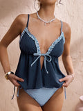 Tankini Swimwear for Women with Ruffled Two Tone Shoulder Straps and Tie Closure Bathing Suit