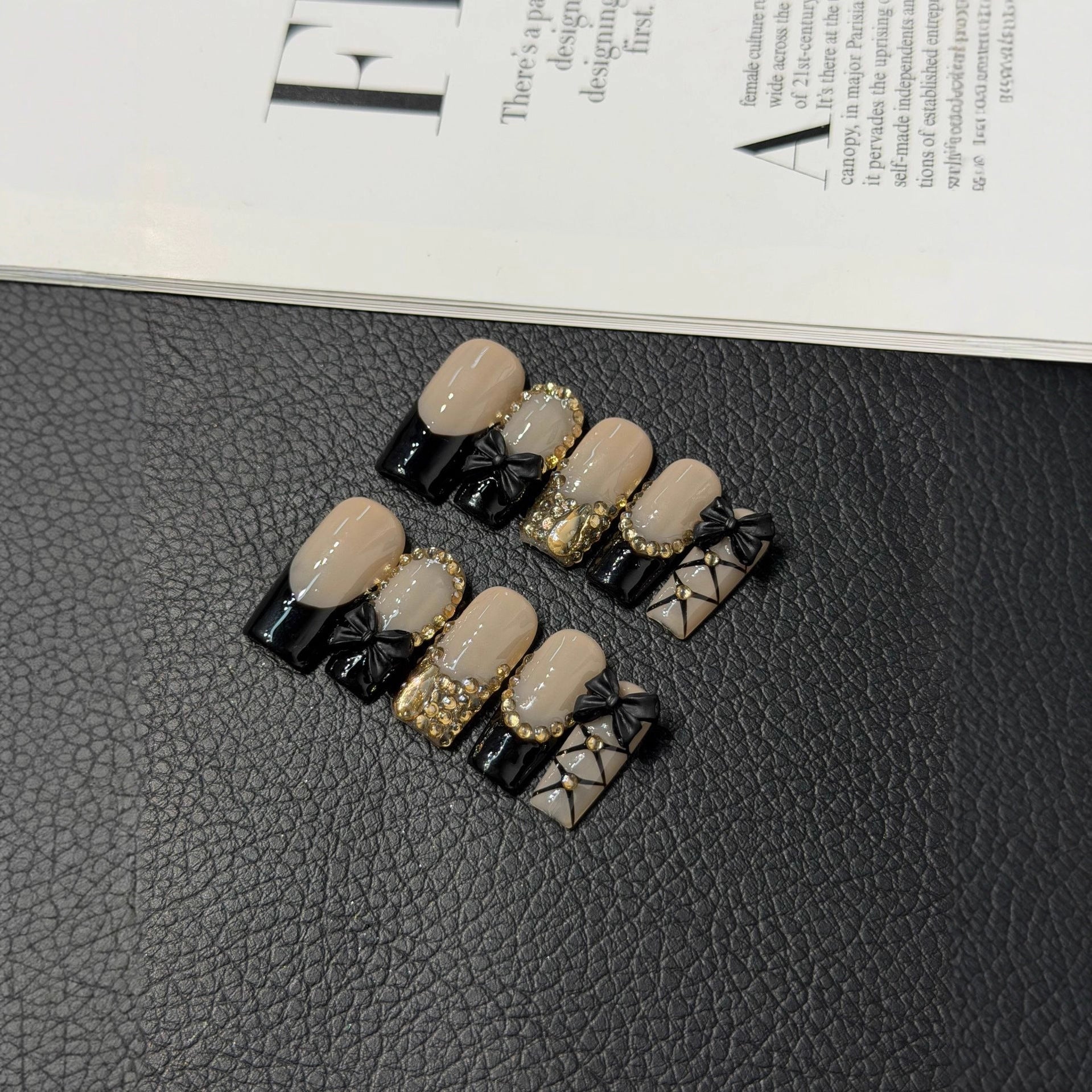 Square Black French Press on Nails Handcrafted