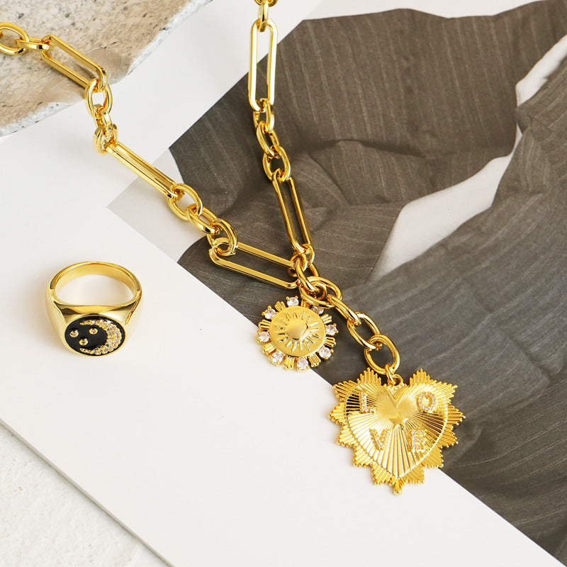 Heart Zircon Cuban Link Necklace - Gold Plated Chunky Paperclip Chain for Women & Men