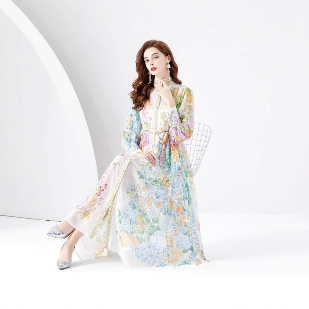 Early Spring Fashion Court Style Dress - Vintage Print Mandarin Collar Long Sleeve Flared Maxi Gown