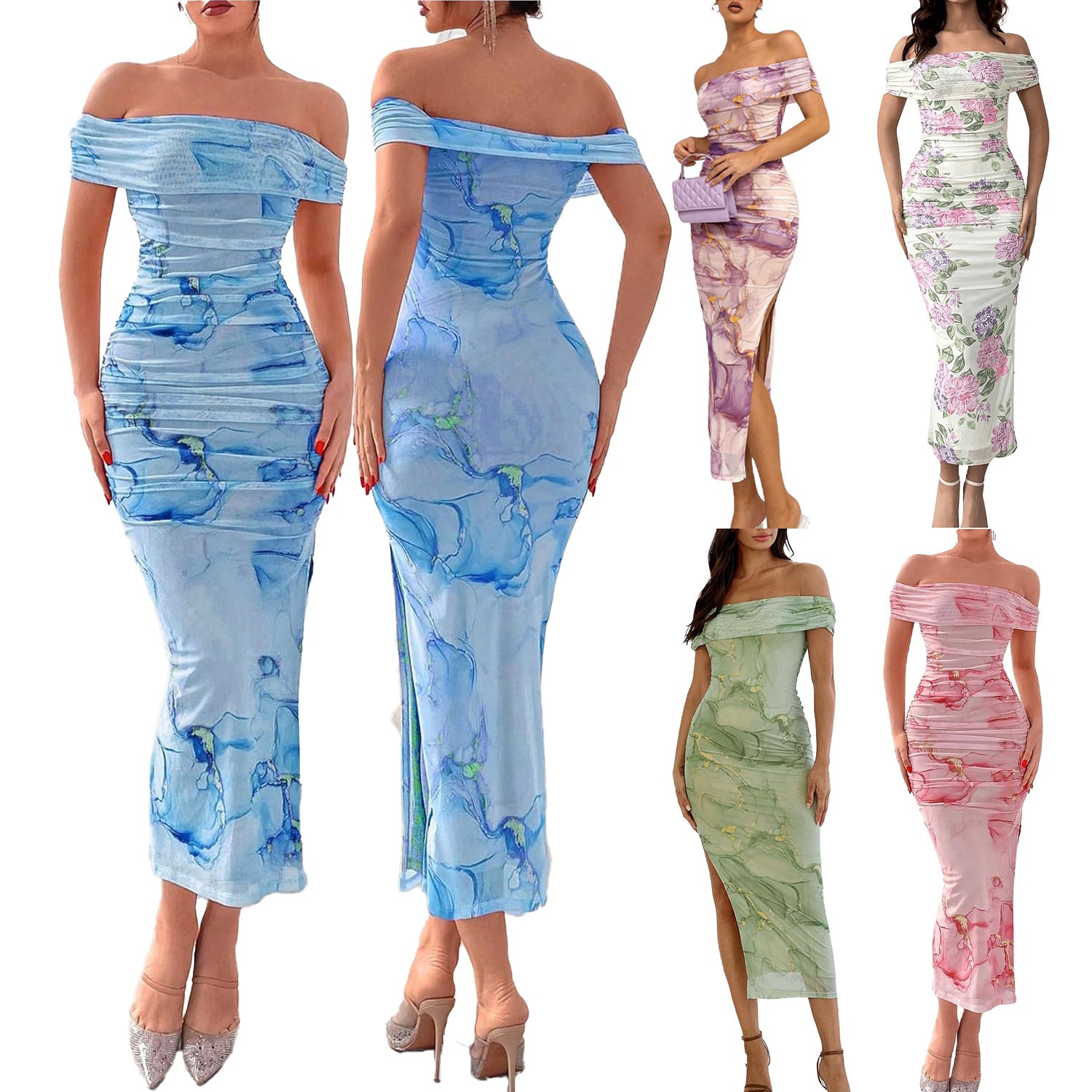 Women's Sexy Slit Bodycon Body-Hugging Printed Dress Pleated Maxi Skirt