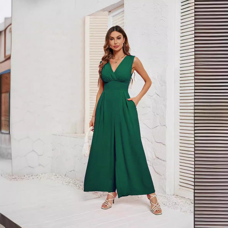 Sleeveless Jumpsuit High Waist Slim Straight Leg Wide