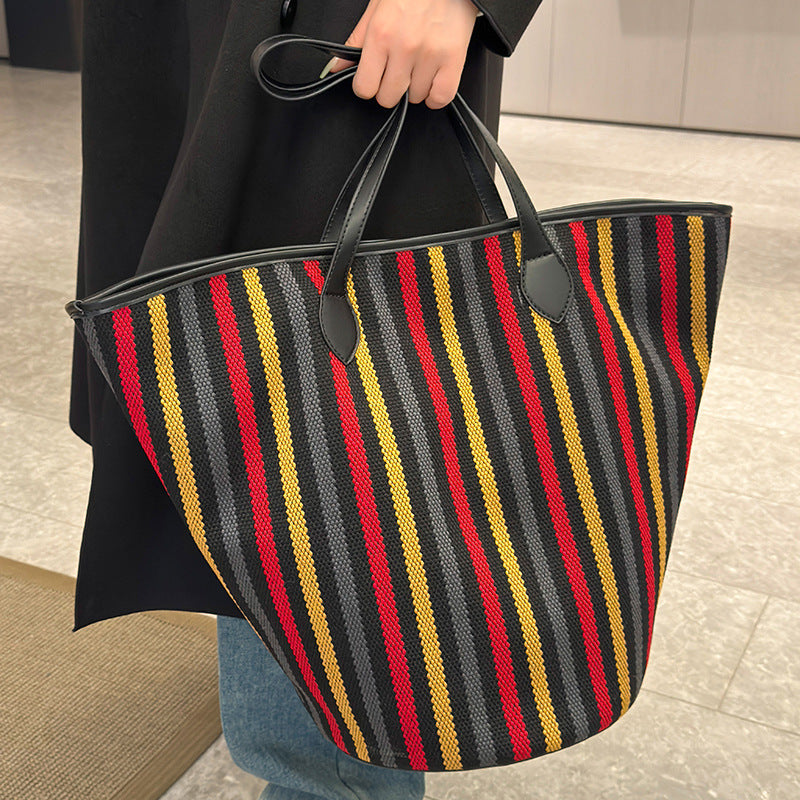 Women’s Winter Canvas Tote – Premium Large Striped Shoulder Bag, Minimalist Custom Wholesale Handbag