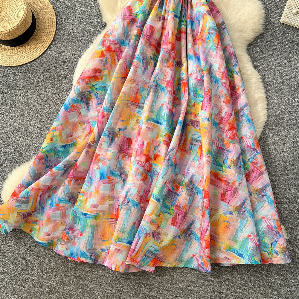 Floral Print Dress – V-Neck Adjustable Strap Midi, Spring-Summer Beach Vacation Sundress