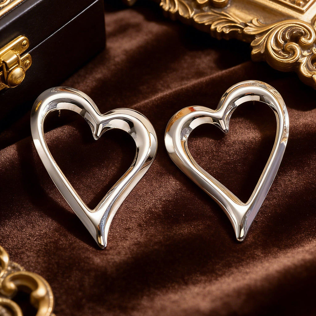 Gold Plated Hollow Large Heart Stud Earrings Vintage Minimalist Metal Heart Earrings