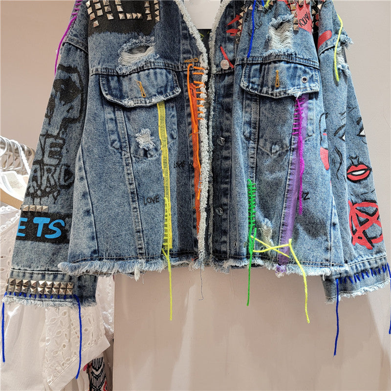 Women’s Distressed Denim Jacket – Cropped Loose-Fit Fall Coat, Printed Studded Jean Outerwear
