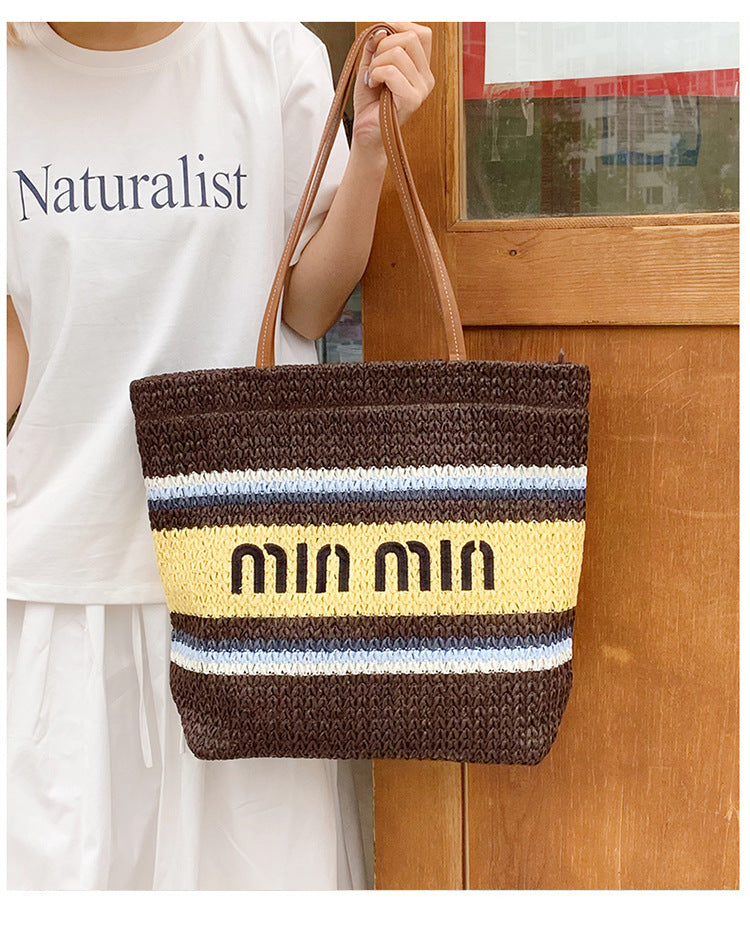 Summer Colorful Stripe Woven Bag – Women’s Handheld Tote, Casual Vacation Shoulder Purse