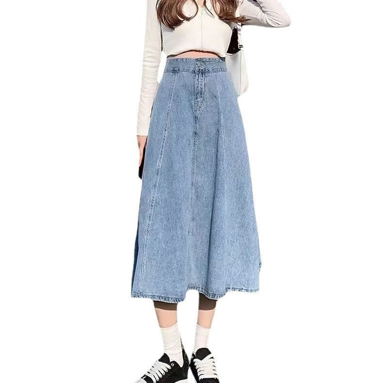 Women’s Denim A-Line Midi Skirt – Plus Size High-Waist Elastic Waist, Fall Loose-Fit Skater Skirt