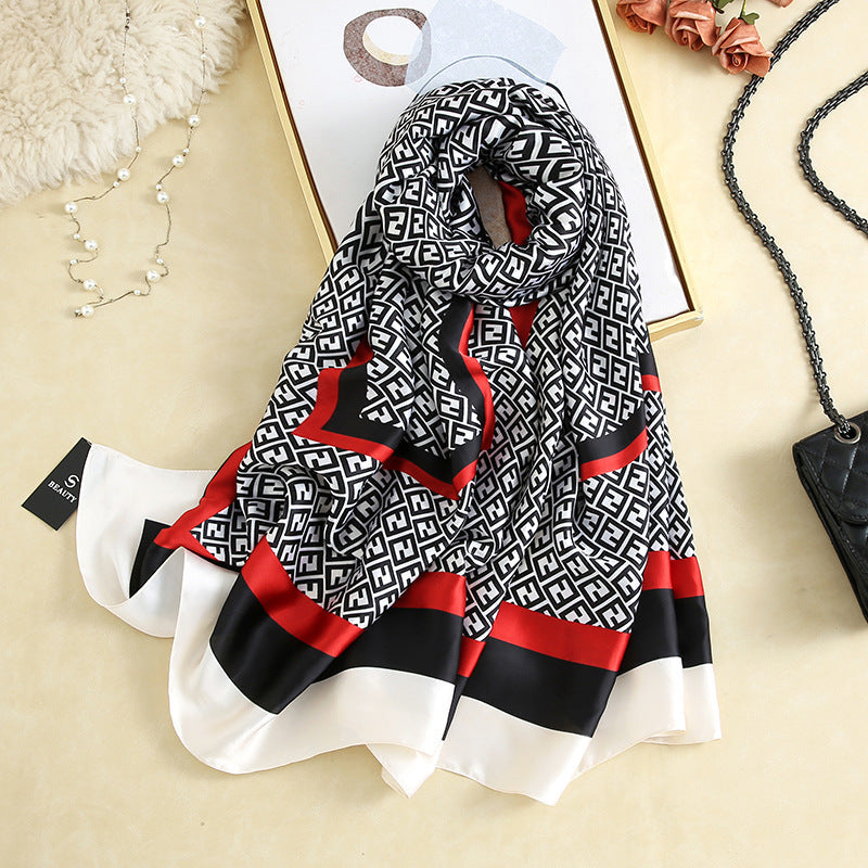 Vegan Silk scarf female classic wild houndstooth print long scarf holiday literary beach towel shawl
