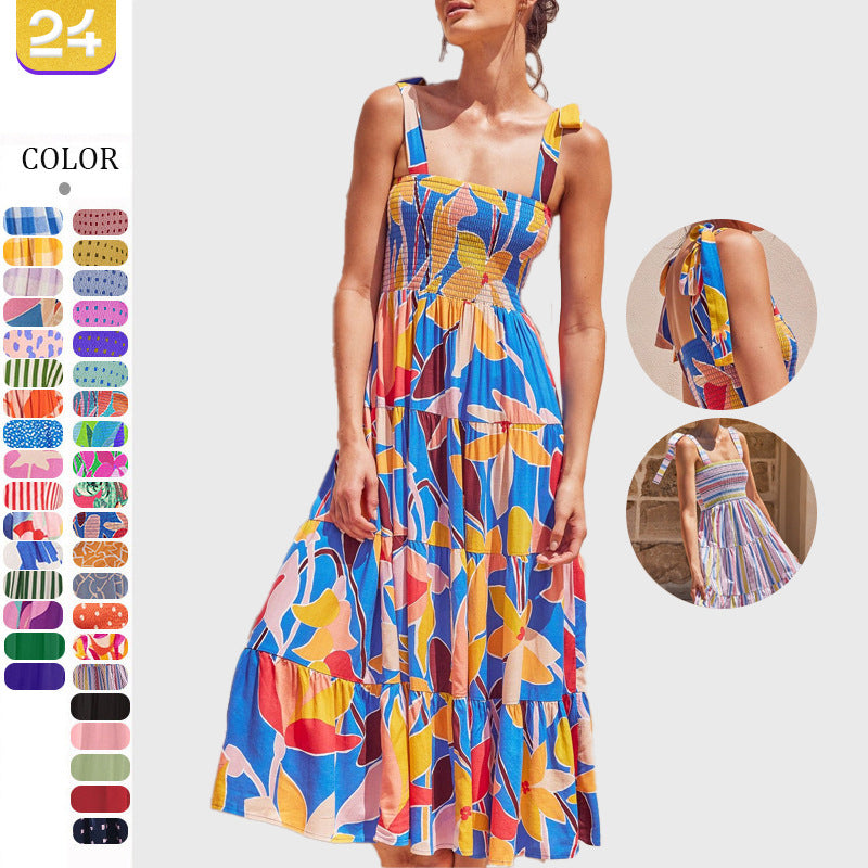 Sleeveless Floral Print Long Suspender Dress - Spice Girl Inspired A-Line Sundress for Tea Party & Casual Wear