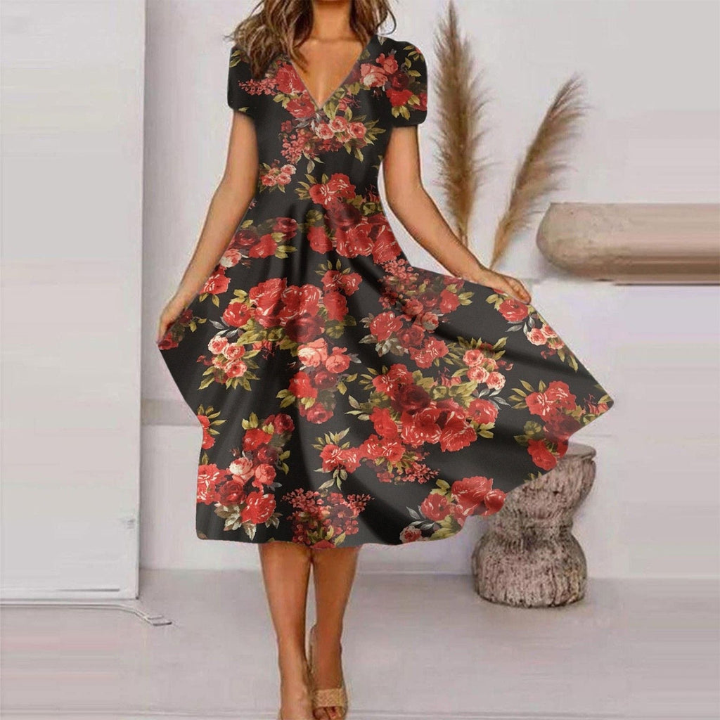 V Neck Bohemian Print Short Sleeve Dress - Flowy Casual Summer Dress with Elastic Waist