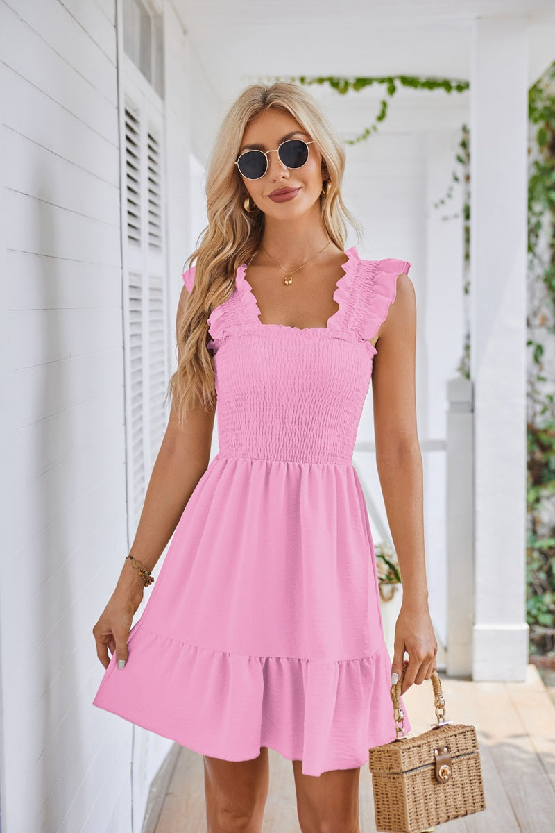 Women's sleeveless square neck pleated backless short dress women's