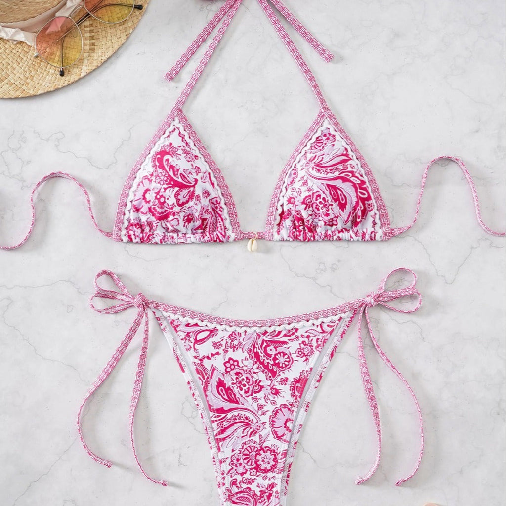Hemming contrasting print strap sexy bikini split swimsuit Batwing Short Sleeve Shirt W Plants Print