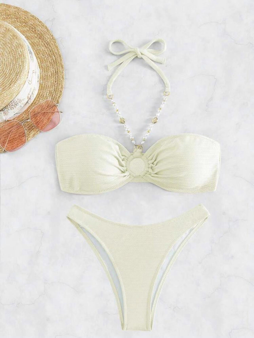 Sexy Solid Neck Ladies Beach bikini Ruched Bust Halter Bikini Swimsuit