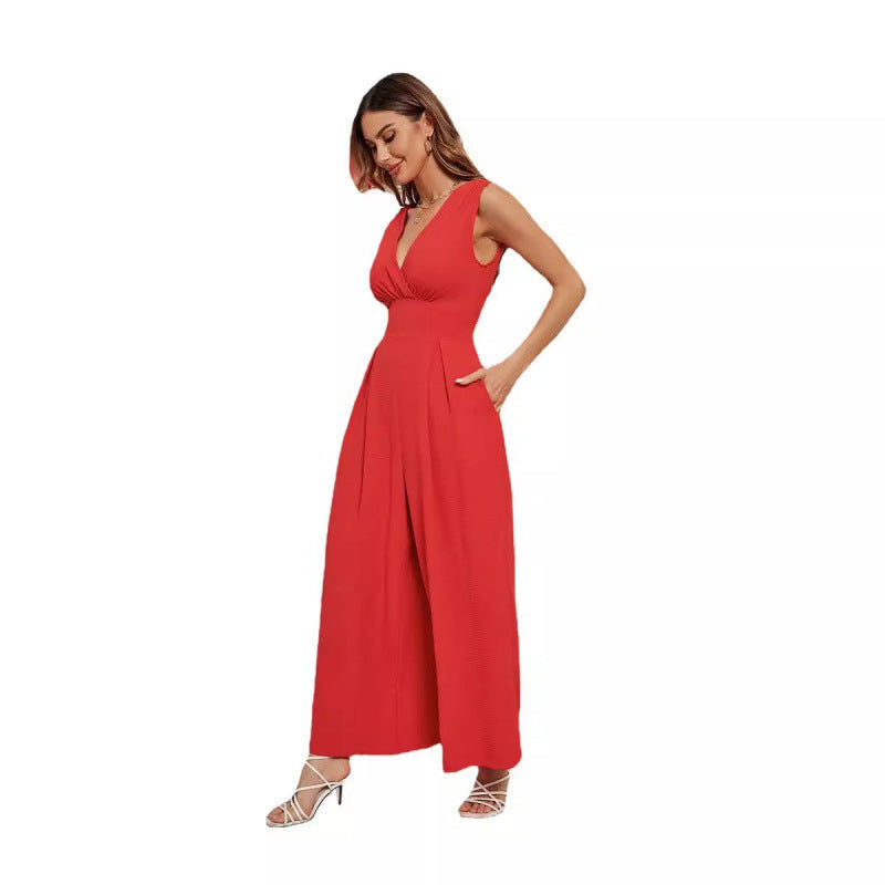 Sleeveless Jumpsuit High Waist Slim Straight Leg Wide