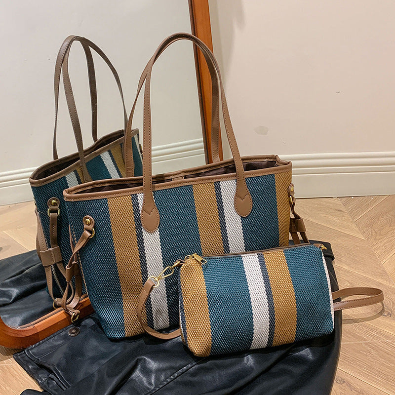 Canvas Striped Letter Print Tote – Large Shoulder & Crossbody Bag, Trendy Versatile Shopper