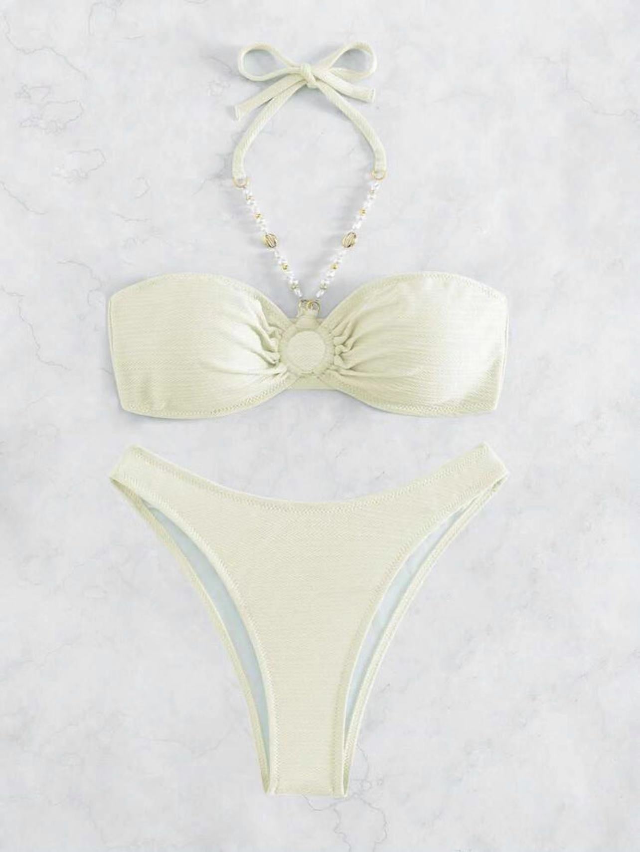 Sexy Solid Neck Ladies Beach bikini Ruched Bust Halter Bikini Swimsuit