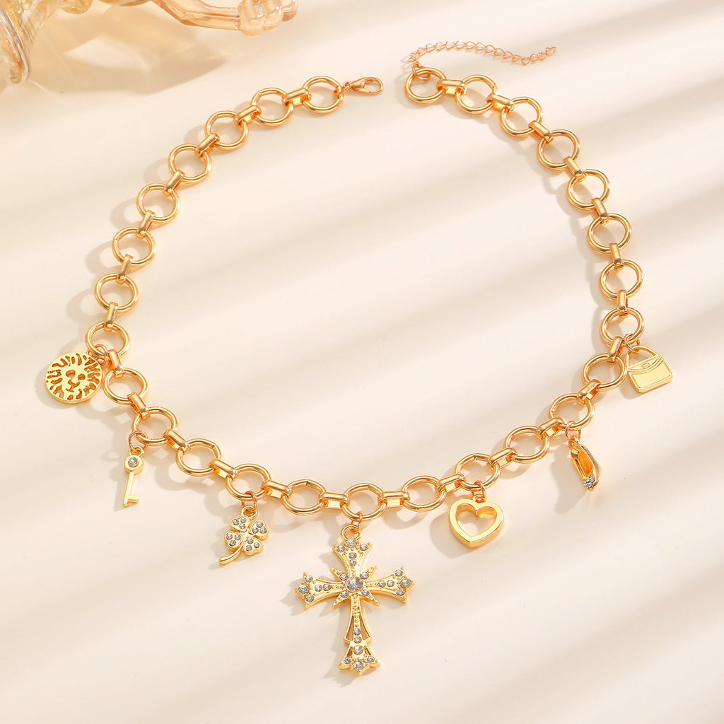 Cross Heart Multi-Element Pendant Necklace Women Minimalist Elegant Choker