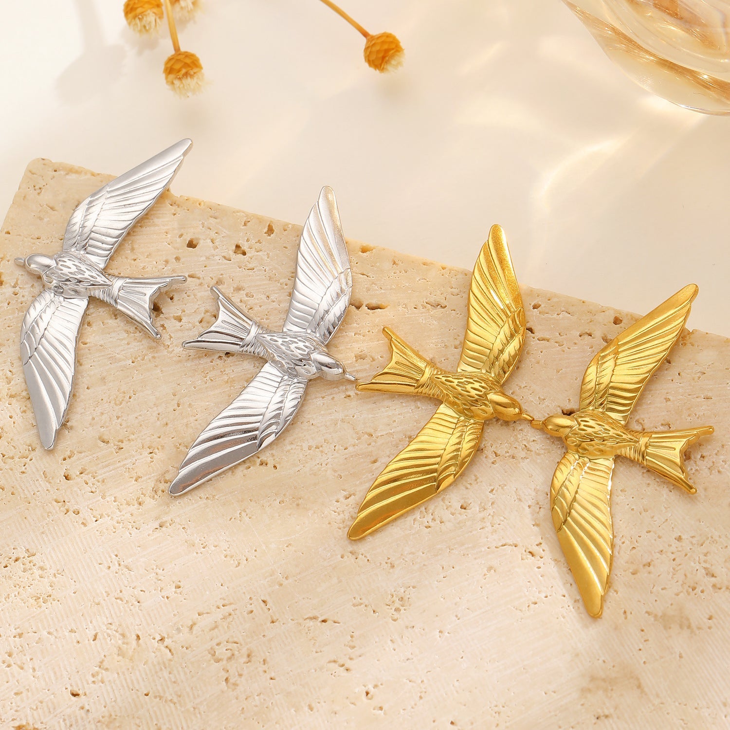 Vintage 18K Gold Plated Stainless Steel Bird Wing Open Ring for Women
