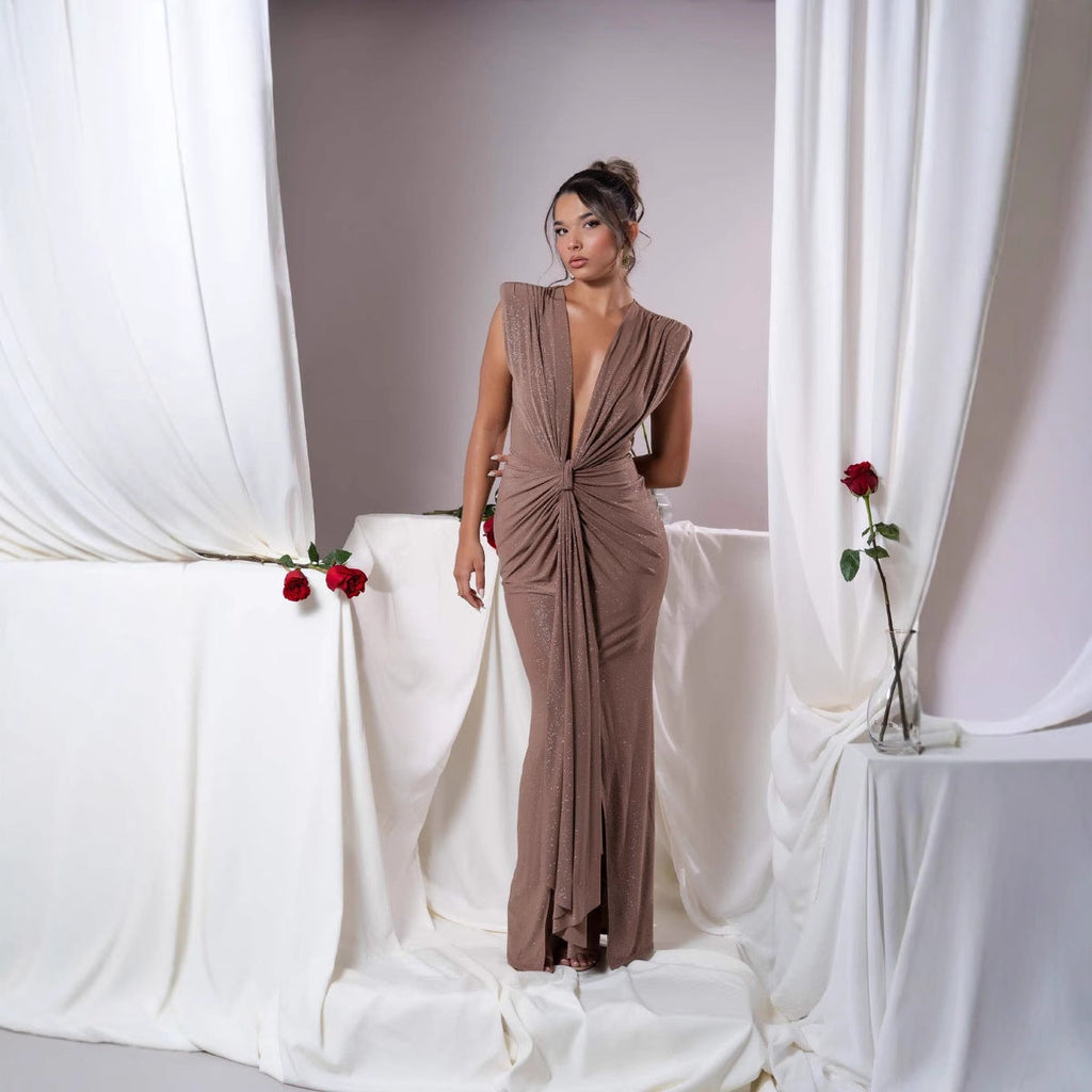Sexy women's sleeveless super deep V slim waist pleated temperament fishtail jumpsuit