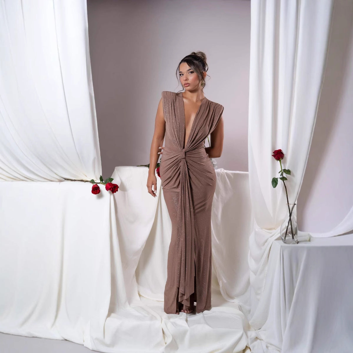 Sexy women's sleeveless super deep V slim waist pleated temperament fishtail jumpsuit