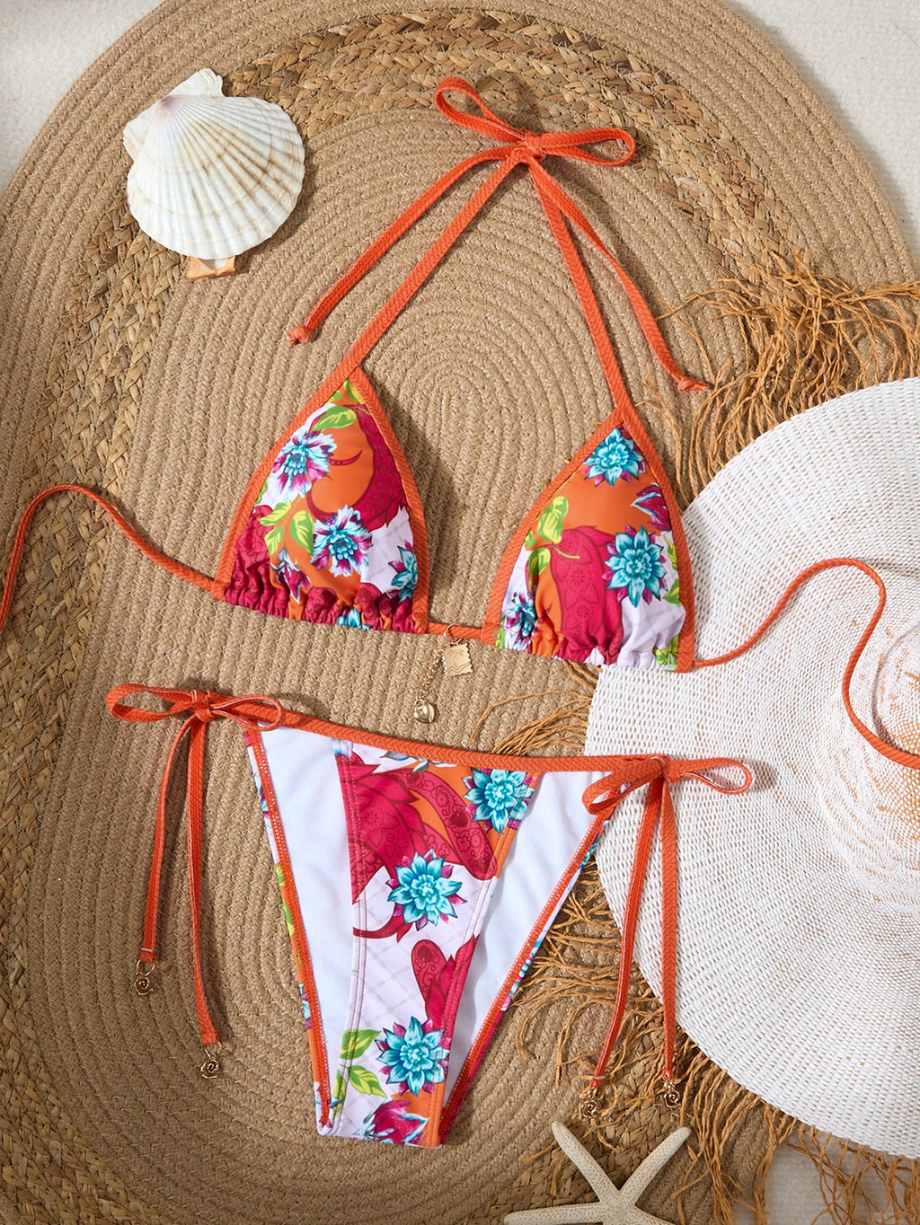 Split swimsuit female sexy small fresh print lace-up bikini sexy swimsuit female