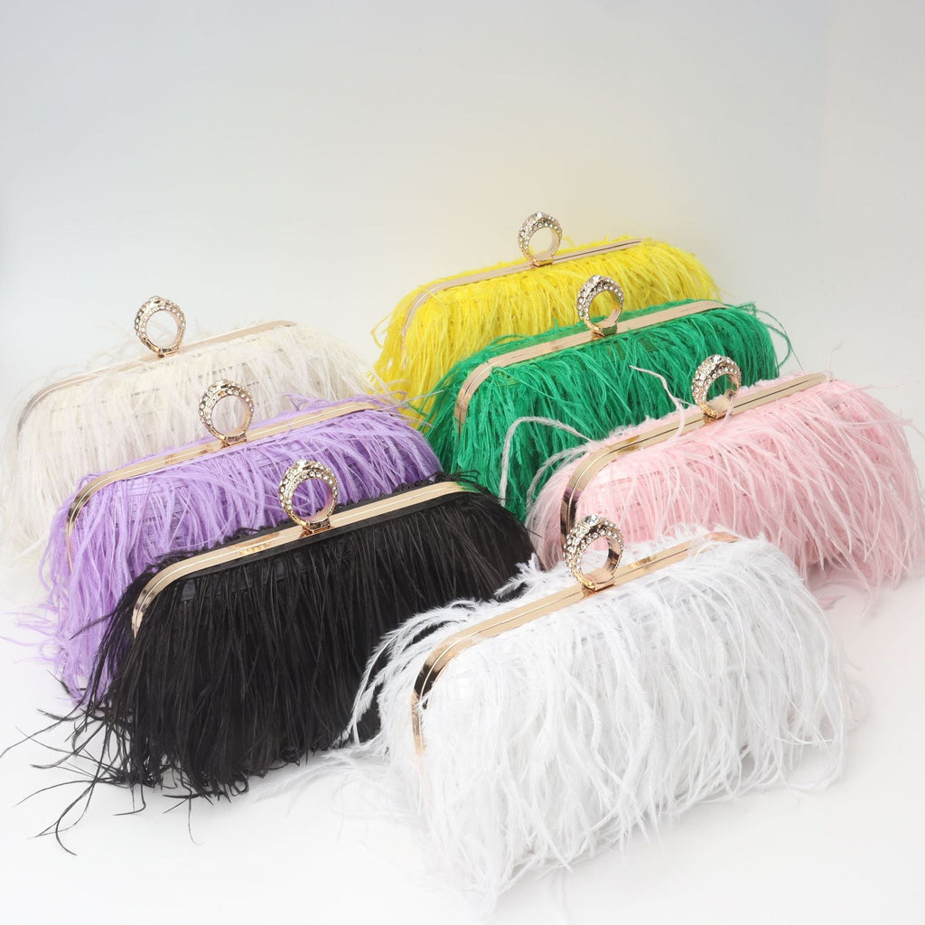 Elegant Ostrich Hair Ring Box – Small Square Bag with Chain Crossbody Shoulder Velvet Evening Clutch Purse