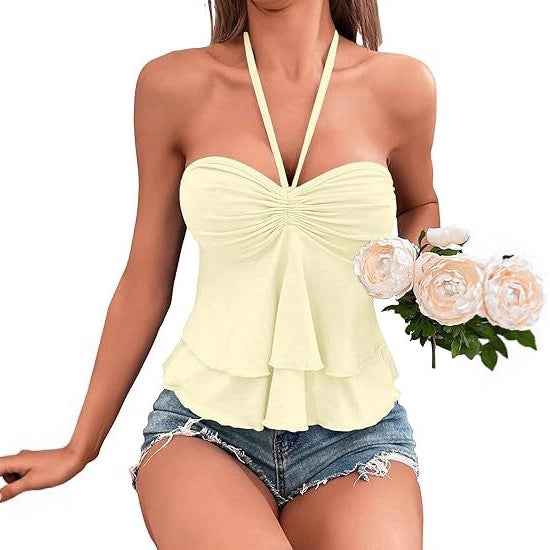 Sexy Lace Up Cross Sling Off-Shoulder Halter Pleated Ruffle Edge Solid Color Tube Top Drawstring Bust Tie Backless Halter Top