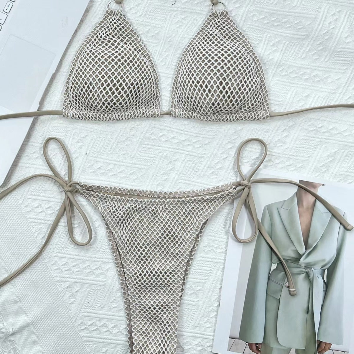 Mesh Fabric Solid Color Split Bikini Swimsuit, Stylish Sexy Beach Hot Spring Resort Swimsuit