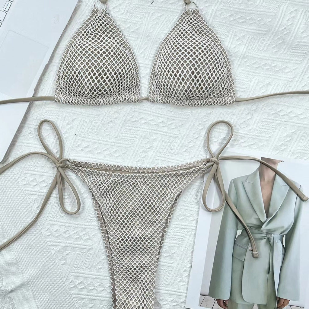 Mesh Fabric Solid Color Split Bikini Swimsuit, Stylish Sexy Beach Hot Spring Resort Swimsuit Swim Hollow Out Halter Bikini Swimsuit